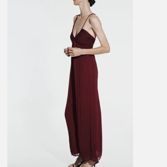 NWT ZARA LONG CROSSED BACK JUMPSUIT Chiffon Fabric Small Bloggers Fave Burgundy - Picture 4 of 13